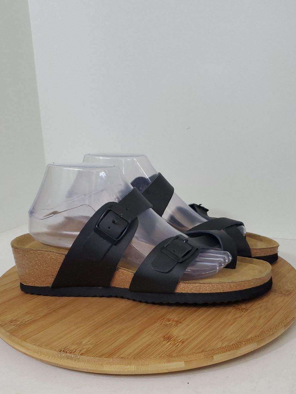 Project Cloud Black Leather Buckle Cork Wedge Sandals Toe Loop Women's Size 11